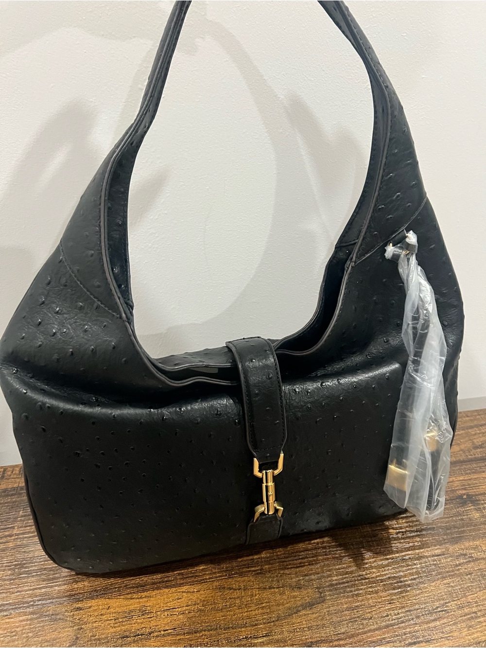 G.I.L.I. Black Ostrich-Embossed Shoulder Bag with Gold Accents